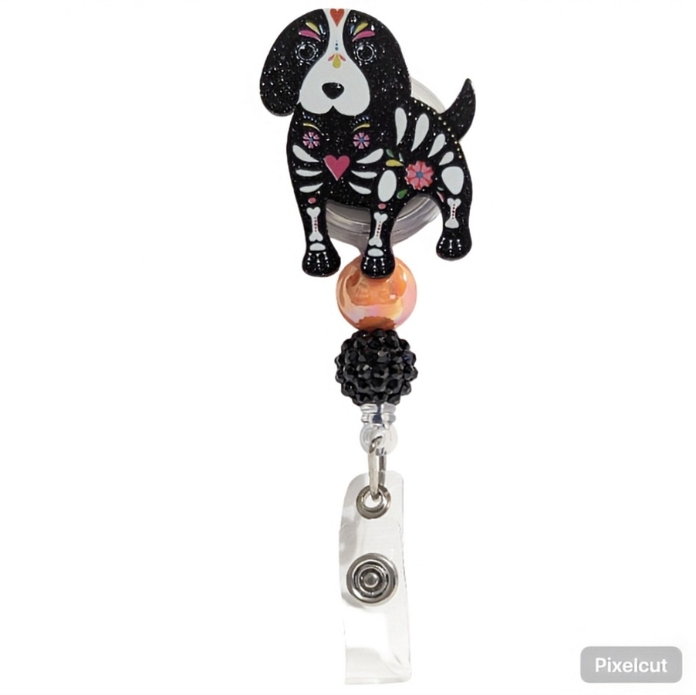 Clip-On Retractable Beaded Badge Reel with Day Of The Dead Painted Dog